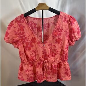 Floral Top Pink Red V Neck SS Puff Sleeve Blouse Size S Boho Feminine Romantic